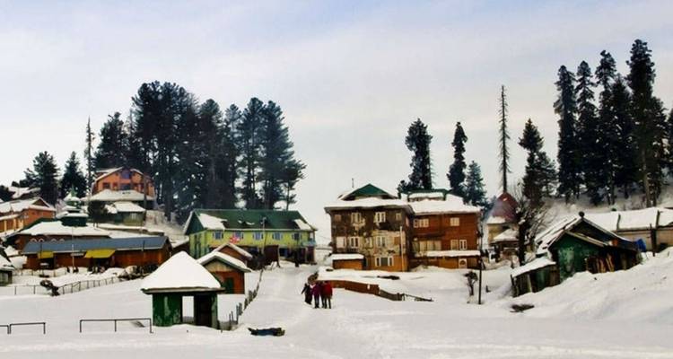 Village alpin enneigé avec des maisons en bois et de grands pins sous un ciel d'hiver pâle