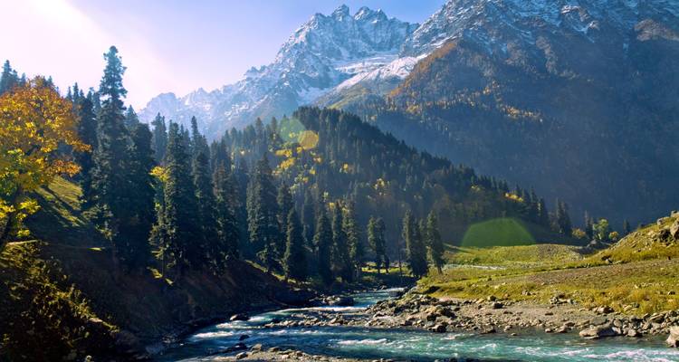Une rivière de montagne turquoise serpentant à travers une vallée couverte de pins avec des sommets enneigés sous un ciel bleu dégagé.