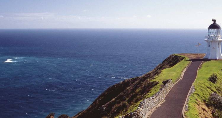 Clifftop pathway leading to Cape Reinga lighthouse overlooking vast blue Tasman Sea.
