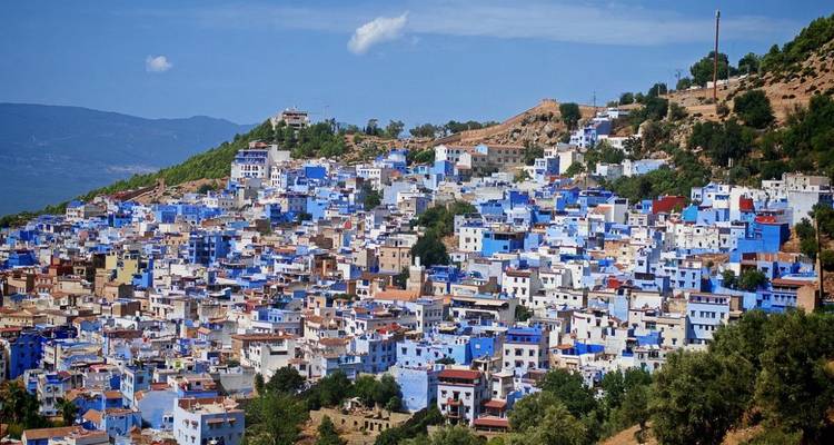 Panorama diurno brillante de las casas azules densamente agrupadas de Chefchaouen en una ladera bajo un cielo despejado.