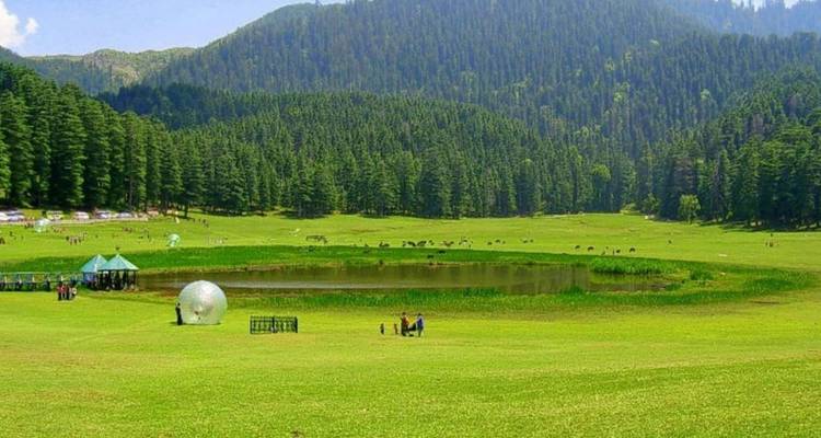 Weite grüne Wiese mit kleinem See, Kiefernwälder und Familien, die Zorbing am Fuße bewaldeter Berge genießen