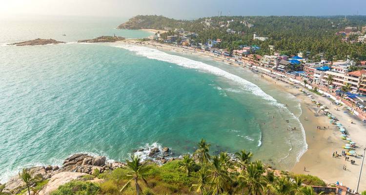 Sweeping aerial of crescent beach and surf with bustling seaside town lined by palms.