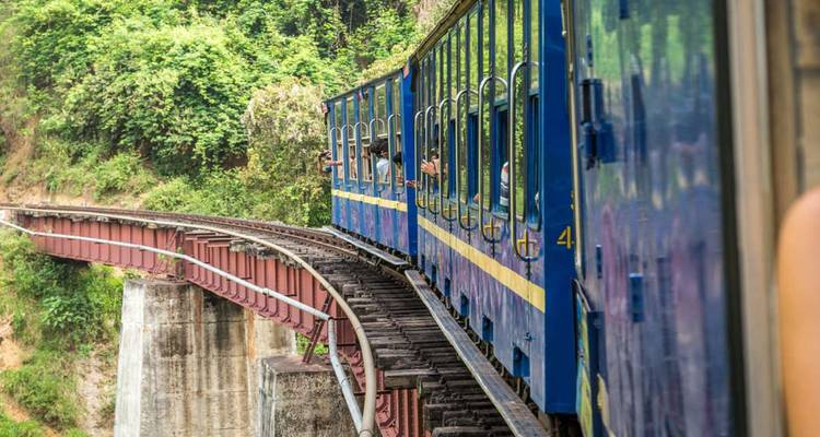Blue and yellow toy train curves over a high bridge through lush forested hills.