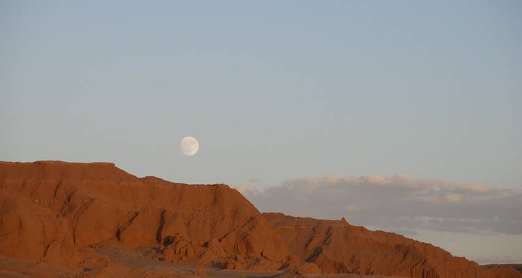 Vollmond steigt über dramatischen roten Wüstenklippen unter einem blassen Abendhimmel auf
