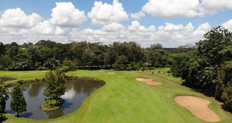 Vue aérienne d'un parcours de golf luxuriant avec obstacle d'eau, bunkers et forêt environnante