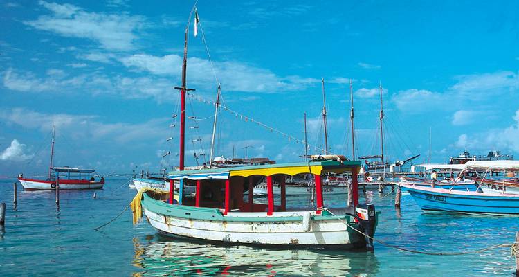Coloridos barcos pesqueros de madera anclados en aguas tropicales tranquilas bajo un cielo vibrante