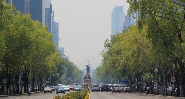Tree-lined Paseo de la Reforma with traffic heading toward a distant monument under hazy skies.