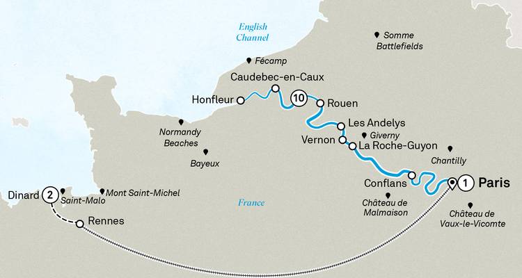 Carte présentant une croisière fluviale sur la Seine de Paris à la Manche avec les principales étapes indiquées.
