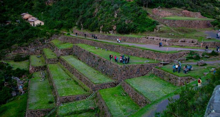 Terrasses agricoles luxuriantes et ruines de pierre de Pisac avec de petits groupes de touristes qui explorent.