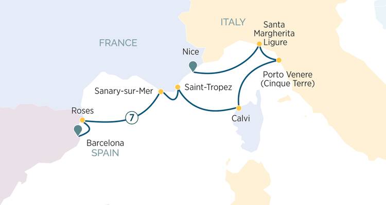Carte montrant l'itinéraire de croisière méditerranéenne de Barcelone à Nice