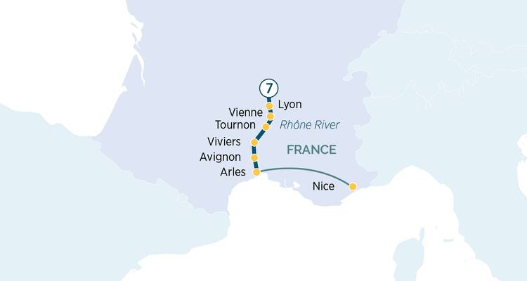 Vereenvoudigde reisroute kaart van Zuid-Frankrijk met een cruiseroute tussen Lyon en Nice waarbij belangrijke stops zijn gemarkeerd.