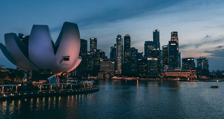 Vue du soir sur Marina Bay à Singapour, mettant en vedette le musée ArtScience en forme de lotus et l'horizon illuminé du centre-ville reflété sur l'eau calme.