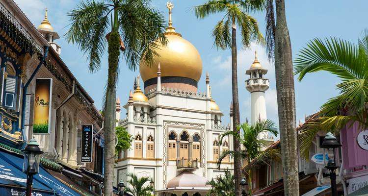 La Mosquée du Sultan avec son dôme doré s'élève au-dessus des rues bordées de palmiers et des maisons-boutiques colorées du quartier de Kampong Glam à Singapour par une journée ensoleillée.