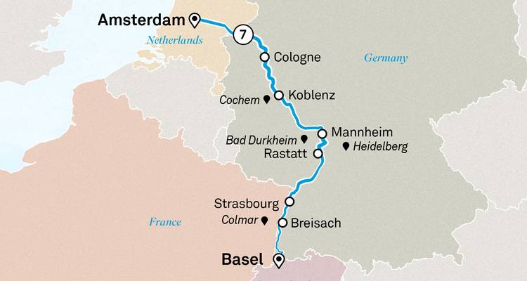 Carte d'itinéraire détaillée montrant une croisière sur le Rhin d'Amsterdam à Bâle avec escales intermédiaires.