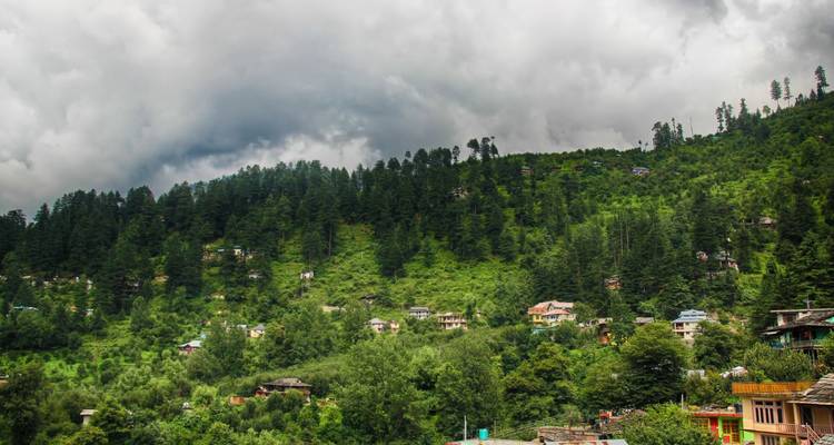 Grünes Tal mit kleinen Häusern unter einem stimmungsvollen, wolkenverhangenen Himmel nahe Manali.