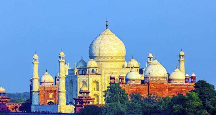 Ikonischer Blick auf das weiße Marmor Taj Mahal, das im sanften Morgenlicht erstrahlt