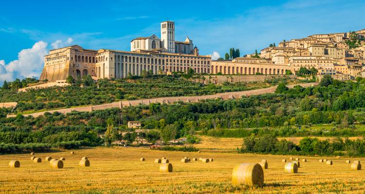 Het bergstadje Assisi met de Basilica van Sint-Franciscus die uitkijkt over gouden hooibalen op de voorgrond