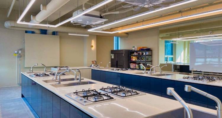 Cocina didáctica moderna con múltiples estufas de gas, gabinetes azules e iluminación brillante.