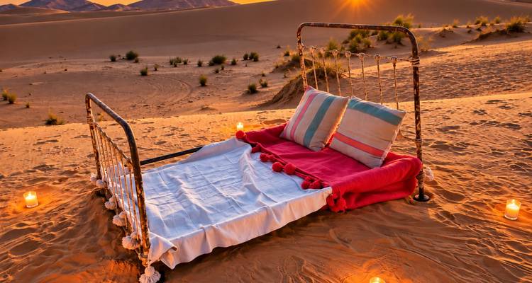 Una configuración romántica en el desierto con una cama de metal vintage, mantas coloridas y velas brillando al atardecer sobre dunas suaves.