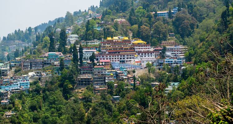 Ville colorée à flanc de colline avec monastères et maisons nichés parmi des pentes boisées denses