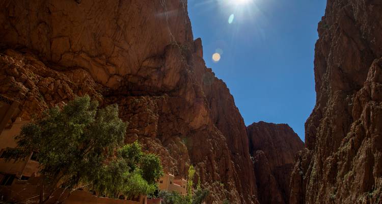 Admirez les parois spectaculaires des gorges de Todra qui s'élèvent vertigineusement vers le ciel, avec le soleil brillant qui resplendit au-dessus de vous.