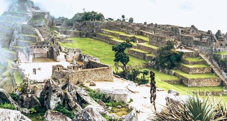 Wide view of stone terraces and ruins of Machu Picchu enveloped in light mist.