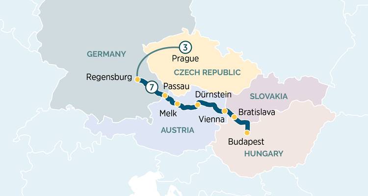 Carte d'itinéraire simplifiée mettant en évidence un itinéraire de croisière fluviale à travers l'Europe centrale avec des marqueurs d'arrêts dans les villes.