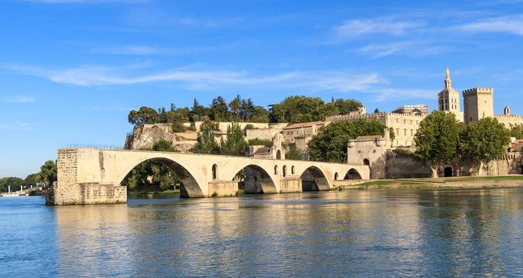 Scène de jour claire du pont d'Avignon enjambant le Rhône avec des bâtiments historiques et un ciel bleu.