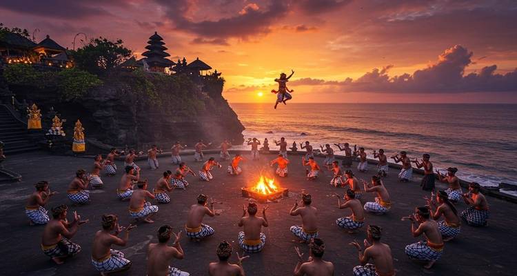 Danza del fuego Kecak interpretada por docenas de hombres que cantan alrededor de una hoguera al atardecer en un escenario de templo en acantilado junto al mar.