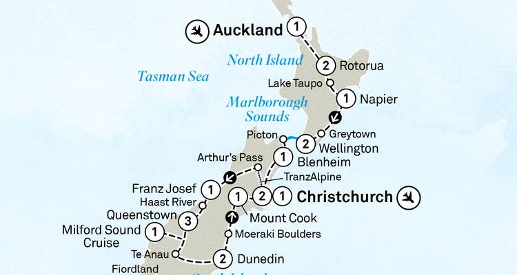 Mapa turístico ilustrado de Nueva Zelanda destacando ruta, ciudades y vuelos