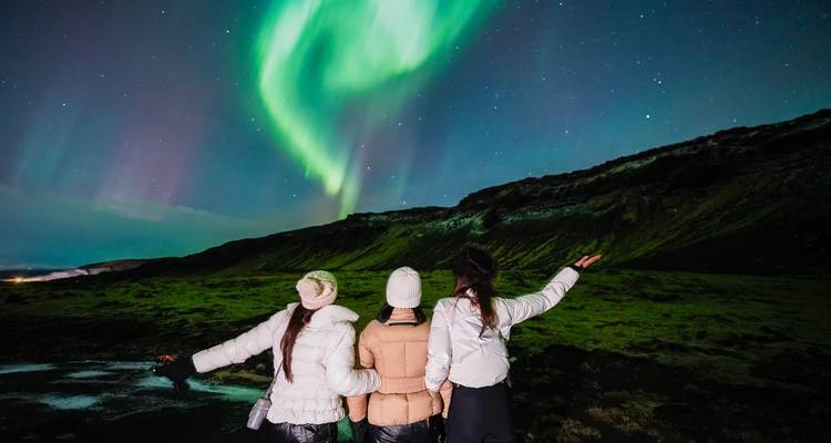Drie vrienden in winterkleding wijzen vrolijk naar dansende groene noorderlicht boven grasrijke heuvels