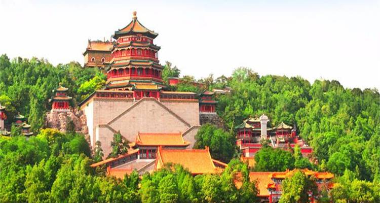 Verdant hillside crowned by the ornate buildings of Beijing’s Summer Palace complex.