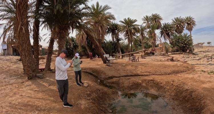 Deux voyageurs se tiennent près d'une petite mare boueuse entourée de palmiers dans un décor d'oasis désertique aride.