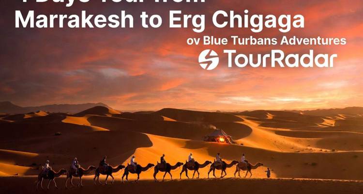 Promotional desert image with text overlay advertising a Marrakesh tour.