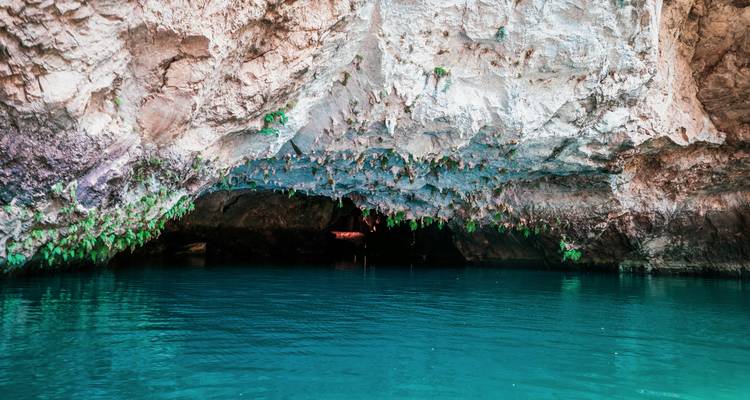 Entrée de grotte marine avec eau turquoise et plafond couvert de stalactites