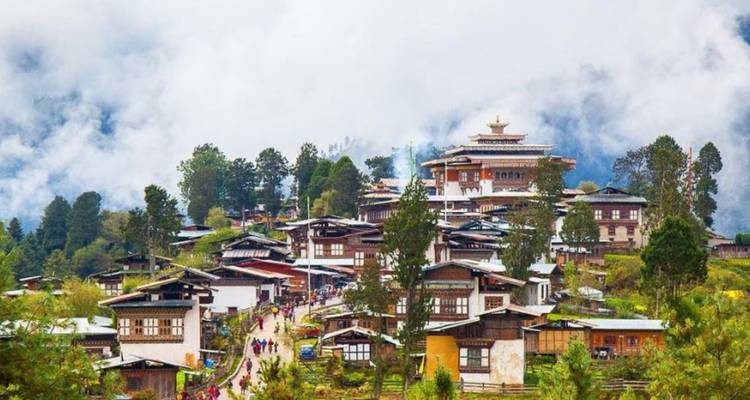 Mist-shrouded Bhutanese village of traditional wooden houses leading up to a hilltop monastery.