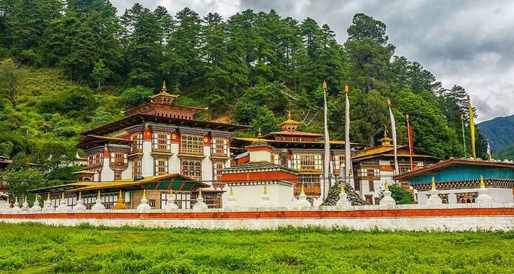 Ornate Bhutanese monastery complex nestled at the edge of a lush forest under grey skies.