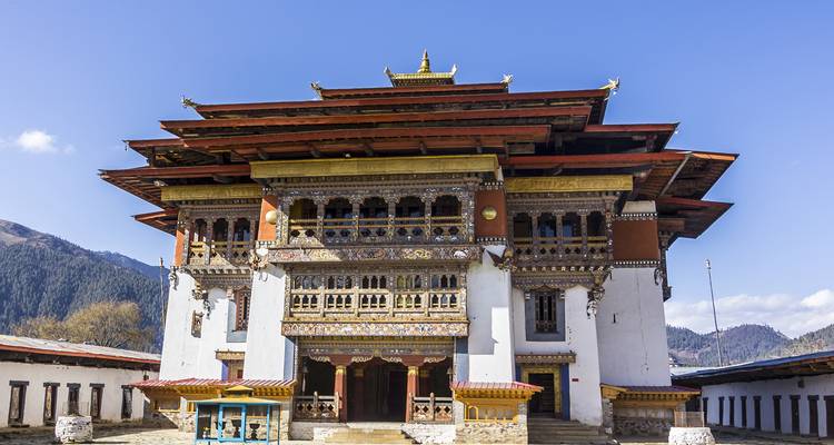 An ornate Bhutanese dzong with intricate woodwork and golden roof tiers stands under a clear blue sky.
