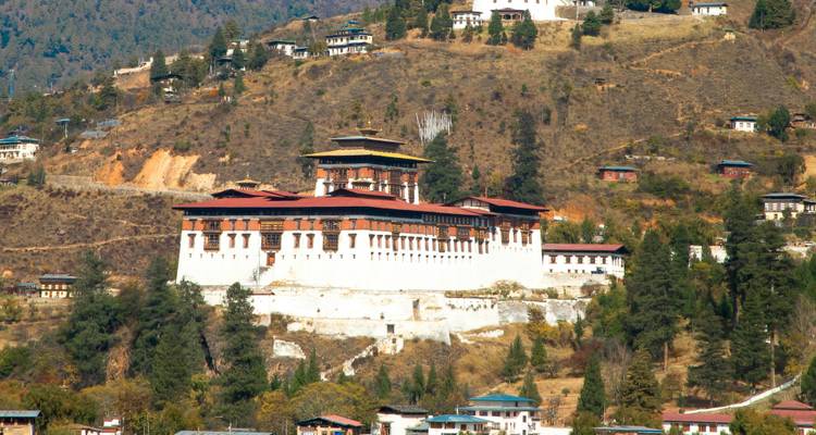 A sprawling white dzong complex crowns a brown hillside dotted with evergreens and village houses.