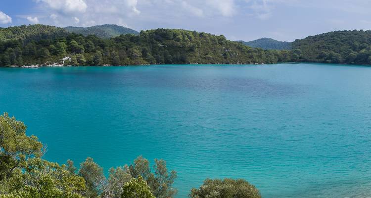 Lago turquesa tranquilo bordeado por denso bosque de pinos en la isla de Mljet.
