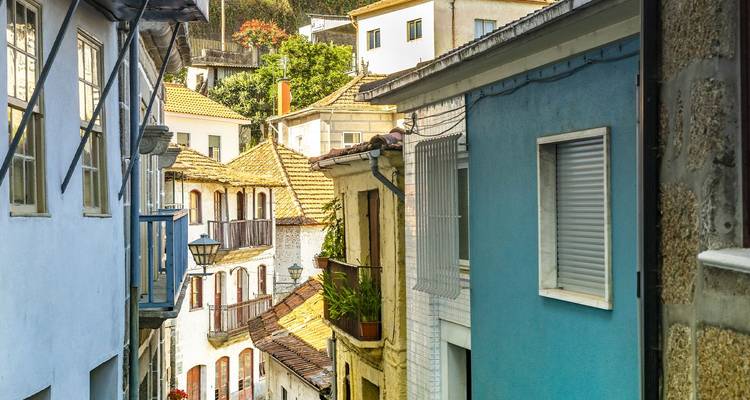 Rue étroite et tranquille entre des maisons blanches et pastel avec balcons et plantes en pot dans une petite ville de la région du Douro.