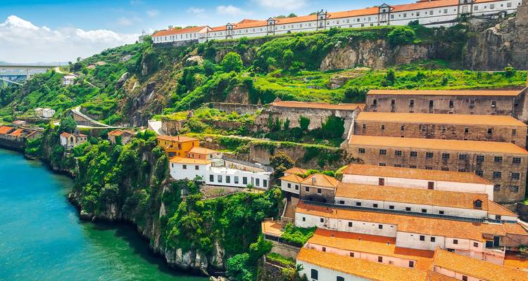 Edificios en lo alto del acantilado y exuberante vegetación con vista al río Duero cerca de Oporto.
