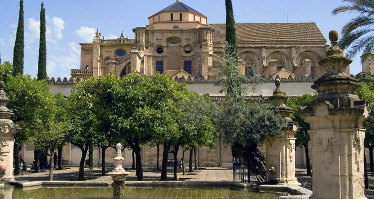 Innenhof mit Orangenbäumen neben der Moschee-Kathedrale von Córdoba mit historischen Bögen.