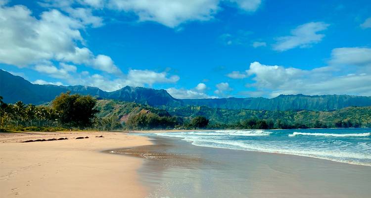 Plage de sable immaculée avec des vagues douces adossée à des montagnes luxuriantes et déchiquetées sous un ciel lumineux.