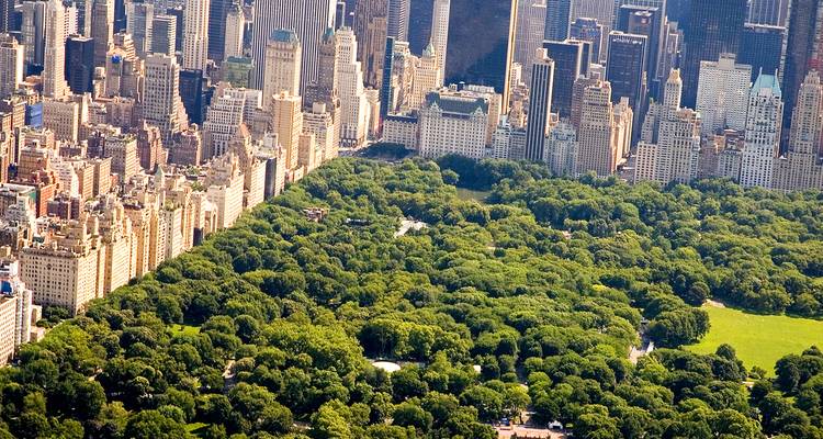 Vista aérea sobre el exuberante Central Park enmarcado por los rascacielos de Midtown Manhattan.