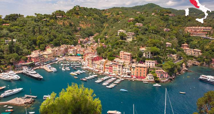 Vista aérea del colorido puerto de Portofino con yates y colinas verdes circundantes.