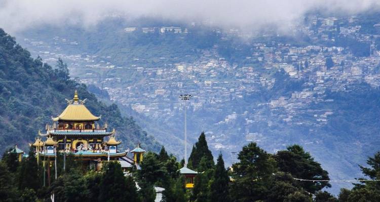 Mist-covered hillside town with ornate monastery tower above dark pine trees