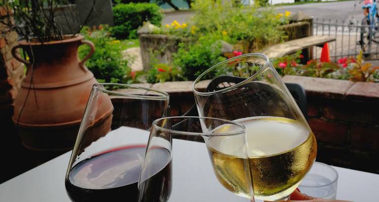 Gros plan de verres de vin rouge et blanc qui trinquent dans un café en plein air