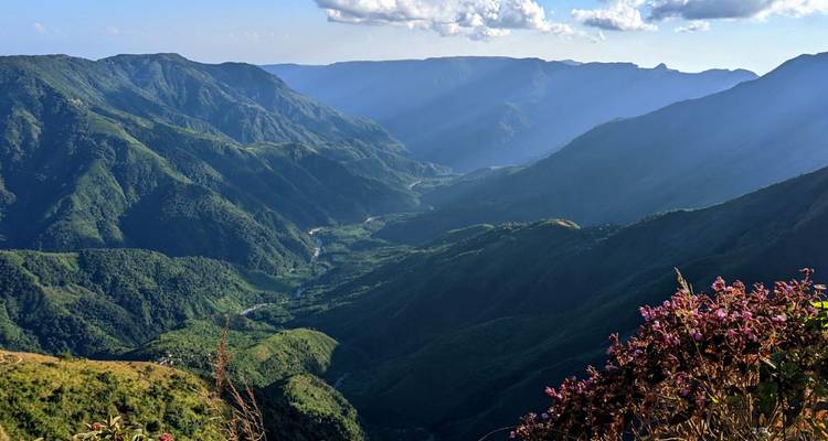 A sweeping view of deep green valleys and distant mountain ridges under clear blue skies.