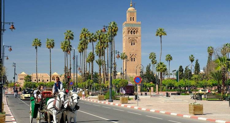 Breite, von Palmen gesäumte Allee, die zur hohen Minarett der Koutoubia-Moschee unter einem klaren blauen Himmel führt